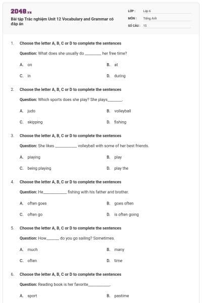Bài tập Trắc nghiệm Unit 12 Vocabulary and Grammar có đáp án