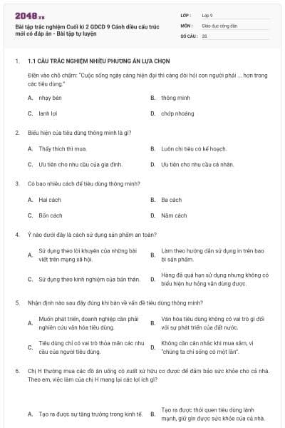 Bài tập trắc nghiệm Cuối kì 2 GDCD 9 Cánh diều cấu trúc mới có đáp án - Bài tập tự luyện