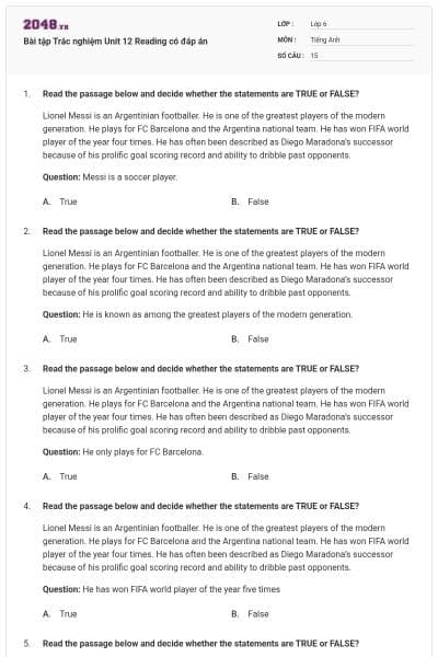 Bài tập Trắc nghiệm Unit 12 Reading có đáp án