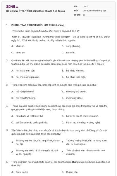 Đề kiểm tra KTPL 12 Kết nối tri thức Chủ đề 2 có đáp án