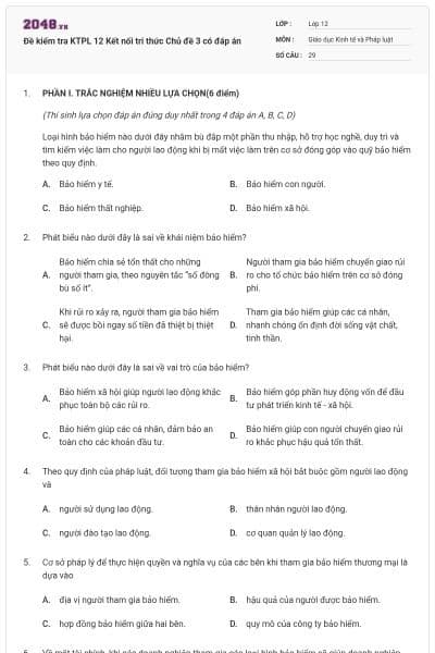 Đề kiểm tra KTPL 12 Kết nối tri thức Chủ đề 3 có đáp án