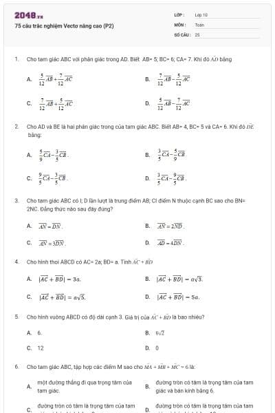 75 câu trắc nghiệm Vectơ nâng cao (P2)