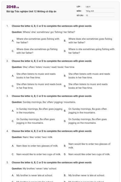 Bài tập Trắc nghiệm Unit 12 Writing có đáp án