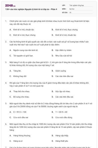 130+ câu trắc nghiệm Nguyên lý kinh tế có đáp án - Phần 4