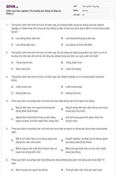 250+ câu trắc nghiệm Thị trường lao động có đáp án - Phần 2