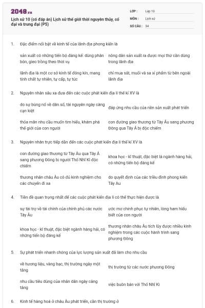 Lịch sử 10 (có đáp án) Lịch sử thế giới thời nguyên thủy, cổ đại và trung đại (P5)