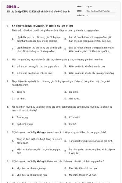 Bài tập ôn tập KTPL 12 Kết nối tri thức Chủ đề 6 có đáp án