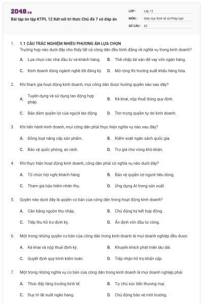 Bài tập ôn tập KTPL 12 Kết nối tri thức Chủ đề 7 có đáp án