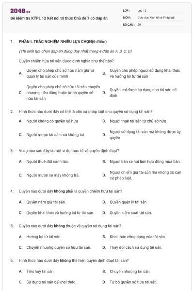 Đề kiểm tra KTPL 12 Kết nối tri thức Chủ đề 7 có đáp án