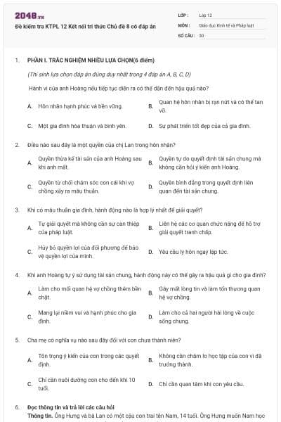 Đề kiểm tra KTPL 12 Kết nối tri thức Chủ đề 8 có đáp án