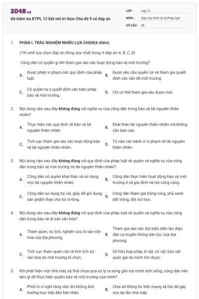 Đề kiểm tra KTPL 12 Kết nối tri thức Chủ đề 9 có đáp án