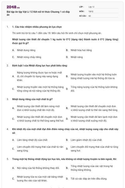 Bài tập ôn tập Vật Lí 12 Kết nối tri thức Chương 1 có đáp án