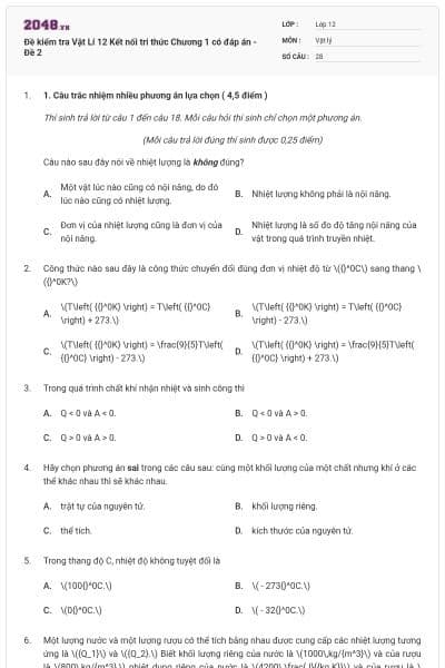 Đề kiểm tra Vật Lí 12 Kết nối tri thức Chương 1 có đáp án - Đề 2