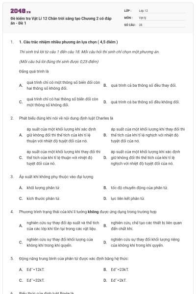 Đề kiểm tra Vật Lí 12 Chân trời sáng tạo Chương 2 có đáp án - Đề 1
