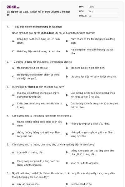 Bài tập ôn tập Vật Lí 12 Kết nối tri thức Chương 3 có đáp án