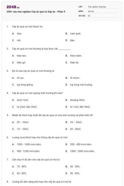 200+ câu trắc nghiệm Cây ăn quả có đáp án - Phần 9