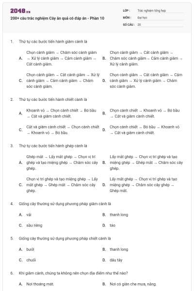 200+ câu trắc nghiệm Cây ăn quả có đáp án - Phần 10