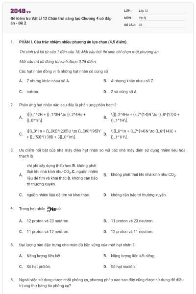 Đề kiểm tra Vật Lí 12 Chân trời sáng tạo Chương 4 có đáp án - Đề 2