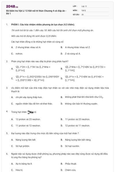 Đề kiểm tra Vật Lí 12 Kết nối tri thức Chương 4 có đáp án - Đề 1