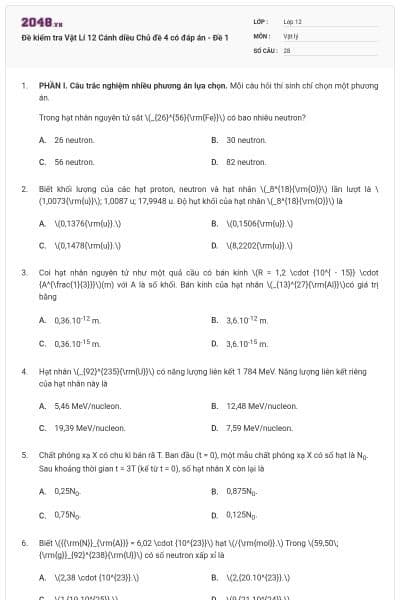 Đề kiểm tra Vật Lí 12 Cánh diều Chủ đề 4 có đáp án - Đề 1