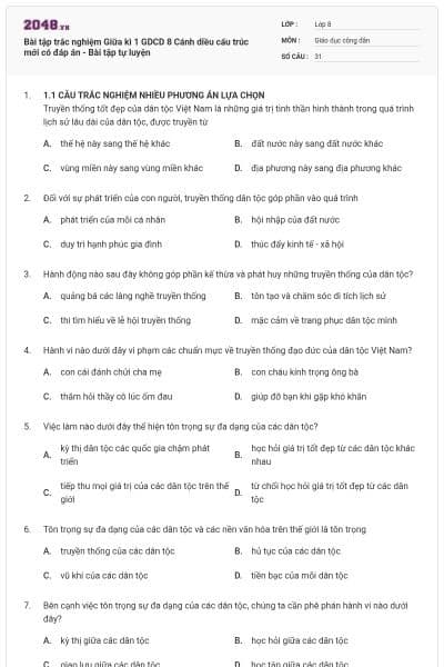 Bài tập trắc nghiệm Giữa kì 1 GDCD 8 Cánh diều cấu trúc mới có đáp án - Bài tập tự luyện