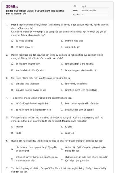 Bài tập trắc nghiệm Giữa kì 1 GDCD 8 Cánh diều cấu trúc mới có đáp án - Đề 1