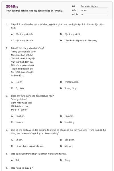 100+ câu trắc nghiệm Hoa cây cảnh có đáp án - Phần 2