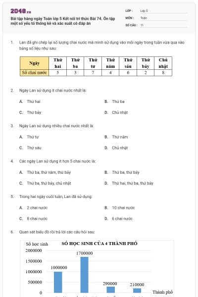 Bài tập hàng ngày Toán lớp 5 Kết nối tri thức Bài 74. Ôn tập một số yếu tố thống kê và xác suất có đáp án