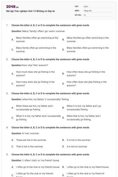 Bài tập Trắc nghiệm Unit 13 Writing có đáp án