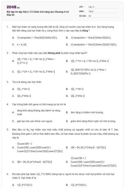 Bài tập ôn tập Vật Lí 12 Chân trời sáng tạo Chương 4 có đáp án