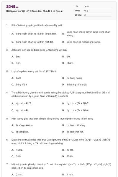 Bài tập ôn tập Vật Lí 11 Cánh diều Chủ đề 2 có đáp án
