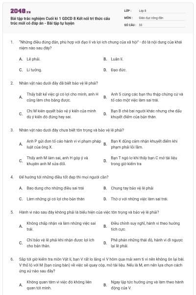 Bài tập trắc nghiệm Cuối kì 1 GDCD 8 Kết nối tri thức cấu trúc mới có đáp án - Bài tập tự luyện