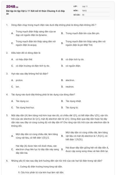 Bài tập ôn tập Vật Lí 11 Kết nối tri thức Chương 4 có đáp án