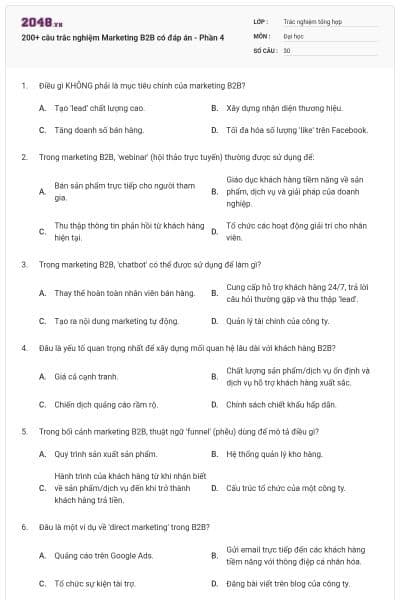 200+ câu trắc nghiệm Marketing B2B có đáp án - Phần 4