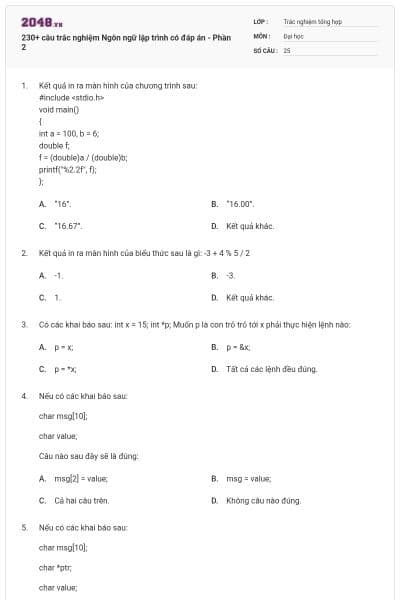 230+ câu trắc nghiệm Ngôn ngữ lập trình có đáp án - Phần 2