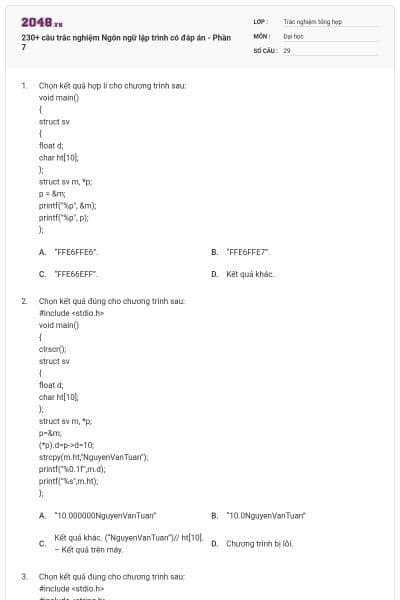 230+ câu trắc nghiệm Ngôn ngữ lập trình có đáp án - Phần 7