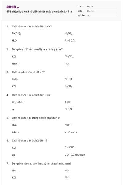 45 Bài tập Sự điện li có giải chi tiết (mức độ nhận biết - P1)
