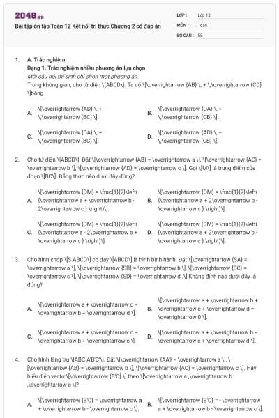 Bài tập ôn tập Toán 12 Kết nối tri thức Chương 2 có đáp án
