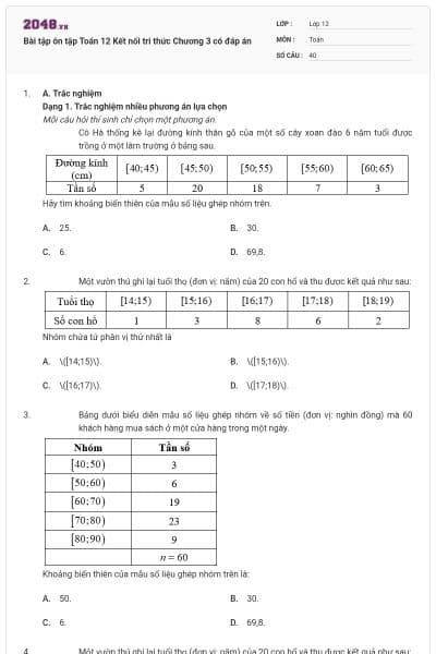 Bài tập ôn tập Toán 12 Kết nối tri thức Chương 3 có đáp án