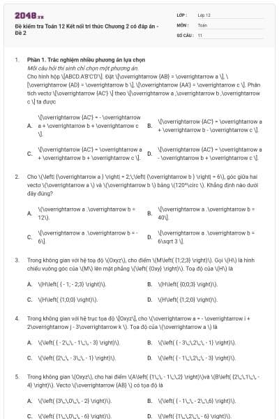 Đề kiểm tra Toán 12 Kết nối tri thức Chương 2 có đáp án - Đề 2