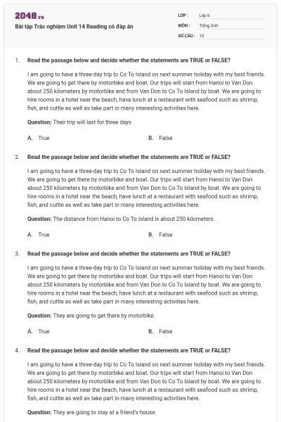 Bài tập Trắc nghiệm Unit 14 Reading có đáp án