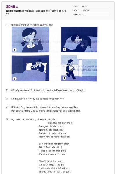 Bài tập phát triển năng lực Tiếng Việt lớp 4 Tuần 8 có đáp án