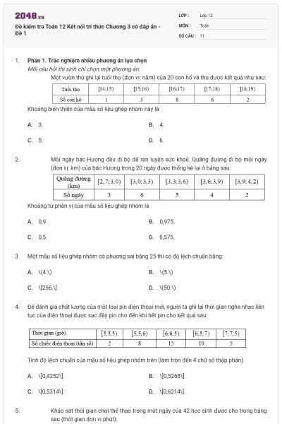 Đề kiểm tra Toán 12 Kết nối tri thức Chương 3 có đáp án - Đề 1