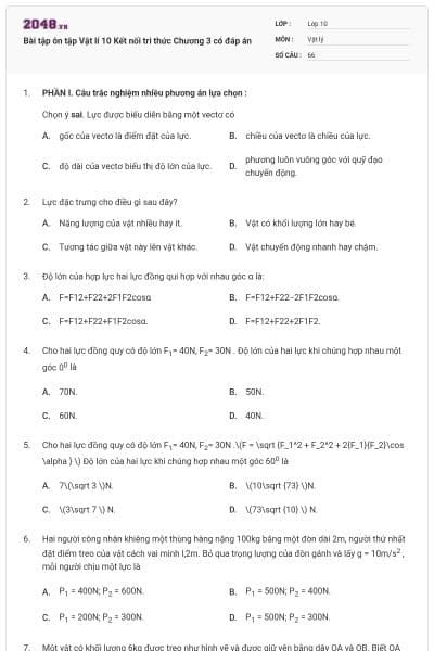 Bài tập ôn tập Vật lí 10 Kết nối tri thức Chương 3 có đáp án