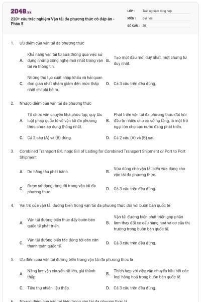 220+ câu trắc nghiệm Vận tải đa phương thức có đáp án - Phần 5