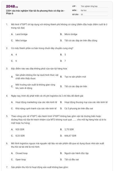 220+ câu trắc nghiệm Vận tải đa phương thức có đáp án - Phần 6
