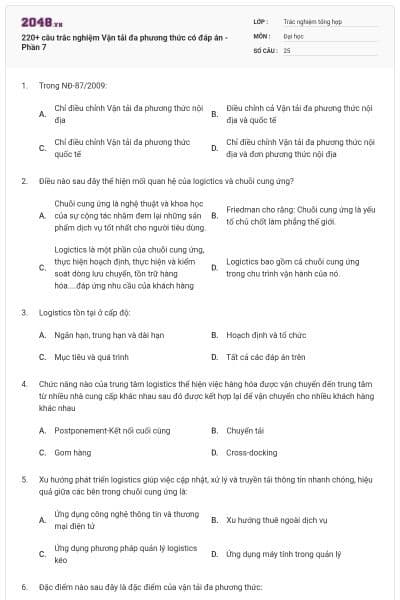 220+ câu trắc nghiệm Vận tải đa phương thức có đáp án - Phần 7