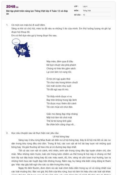 Bài tập phát triển năng lực Tiếng Việt lớp 4 Tuần 12 có đáp án