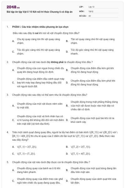Bài tập ôn tập Vật lí 10 Kết nối tri thức Chương 6 có đáp án