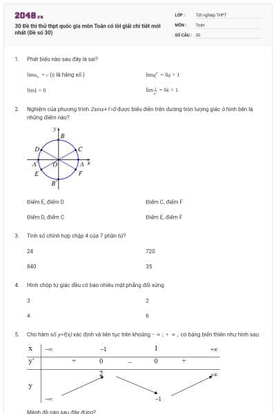 30 Đề thi thử thpt quốc gia môn Toán có lời giải chi tiết mới nhất (Đề số 30)